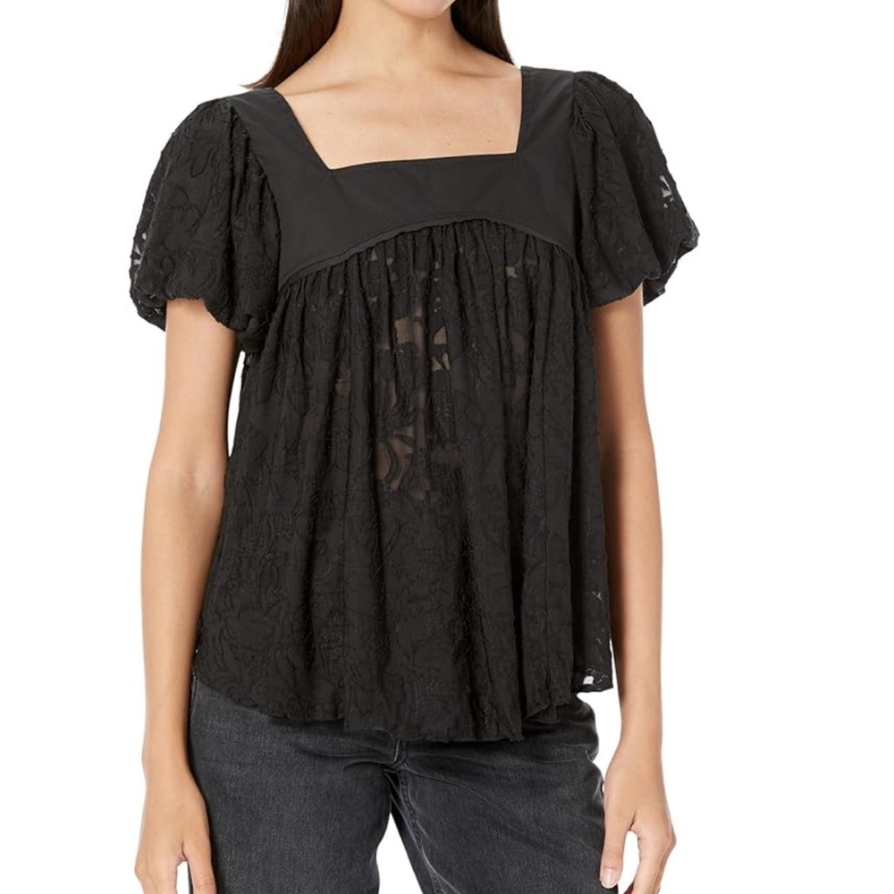 Free People Sunrise to Sunset Puff-Sleeve Lace Top Black Size L